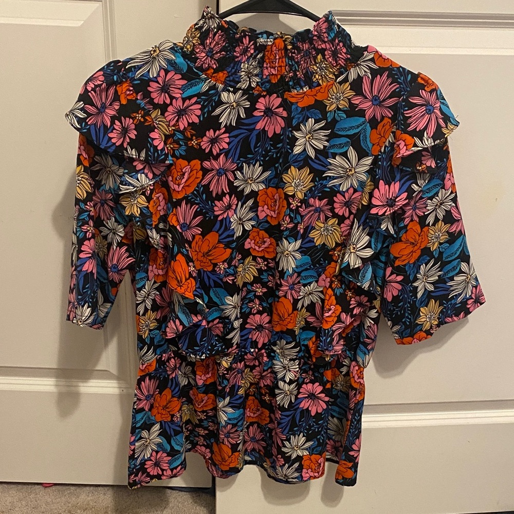 Floral Ruffle Women's Blouse in Black and Pink